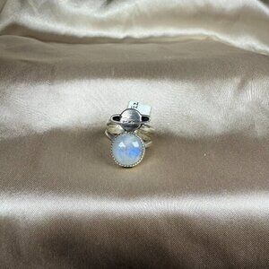 Handmade Silver Rainbow Moonstone and Saturn Planet Design Ring Jewelry Size 8